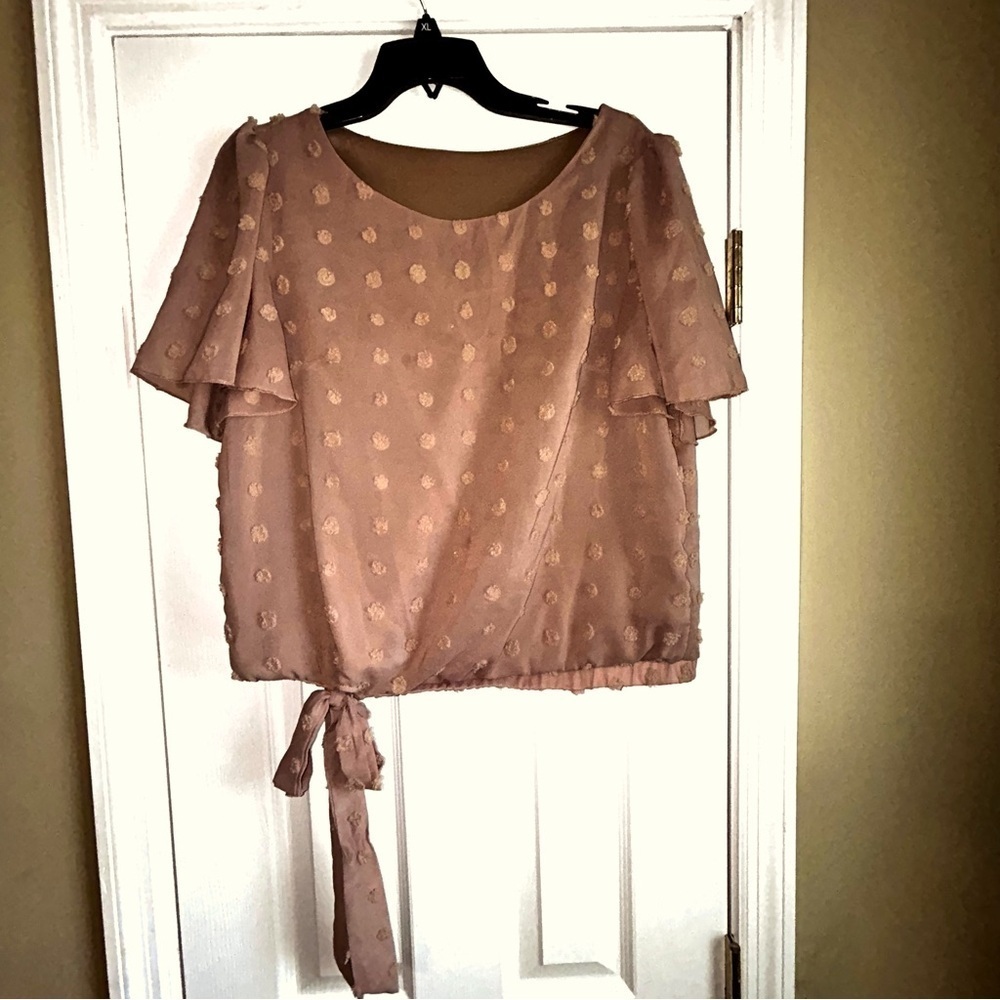 SHEIN Brown/Gold Polka Dot Blouse with Tie Detail